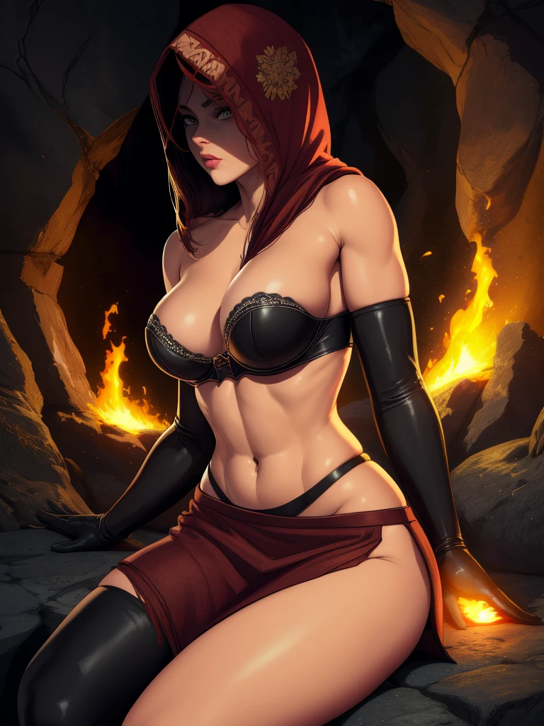 Dsorceress, shadowy face,dark cave, fire, hood, shadowed face, strapless bra, slim and athletic body, miniskirt, no panty, elbow gloves, dark skin, 1 girl (insanely detailed, masterpiece, best quality)
