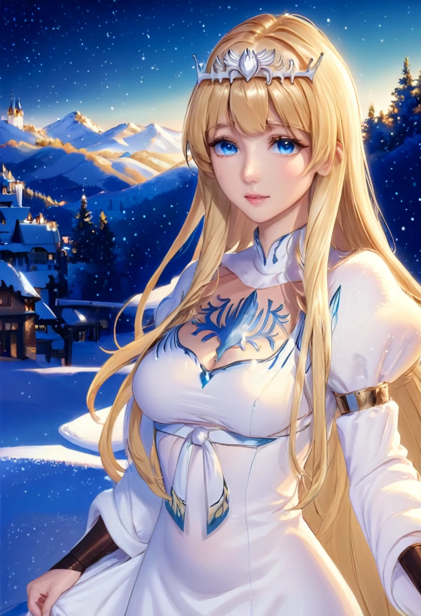 (best quality), ((masterpiece)), (highres), illustration, original, extremely detailed, light particles, glowing, upper body, , snowing, ,1girl,solo, calca, blonde hair, ,( extremely long hair:1.3), very long hair, extra long hair, white tiara, white dress, blue eyes,Calca Bessarez, medium breast,Calca