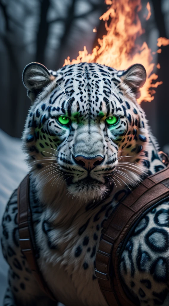 (best quality,16k,32k,highres,masterpiece:1.2),ultra-detailed,(realistic,photorealistic,photo-realistic:1.37),(The ultimate Orochi snow Leopard) glowing green eyes realistic fire background of totally destroyed Forest alone looking at the camera serious expression.