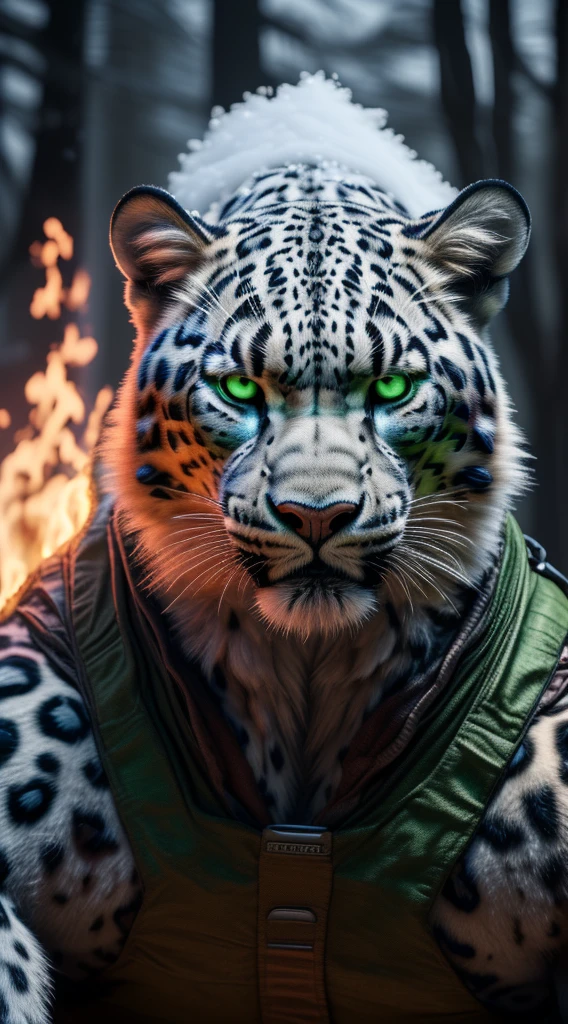(best quality,16k,32k,highres,masterpiece:1.2),ultra-detailed,(realistic,photorealistic,photo-realistic:1.37),(The ultimate Orochi snow Leopard) glowing green eyes realistic fire background of totally destroyed Forest alone looking at the camera serious expression.