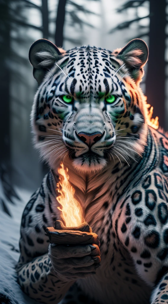 (best quality,16k,32k,highres,masterpiece:1.2),ultra-detailed,(realistic,photorealistic,photo-realistic:1.37),(The ultimate Orochi snow Leopard) glowing green eyes realistic fire background of totally destroyed Forest alone looking at the camera serious expression.