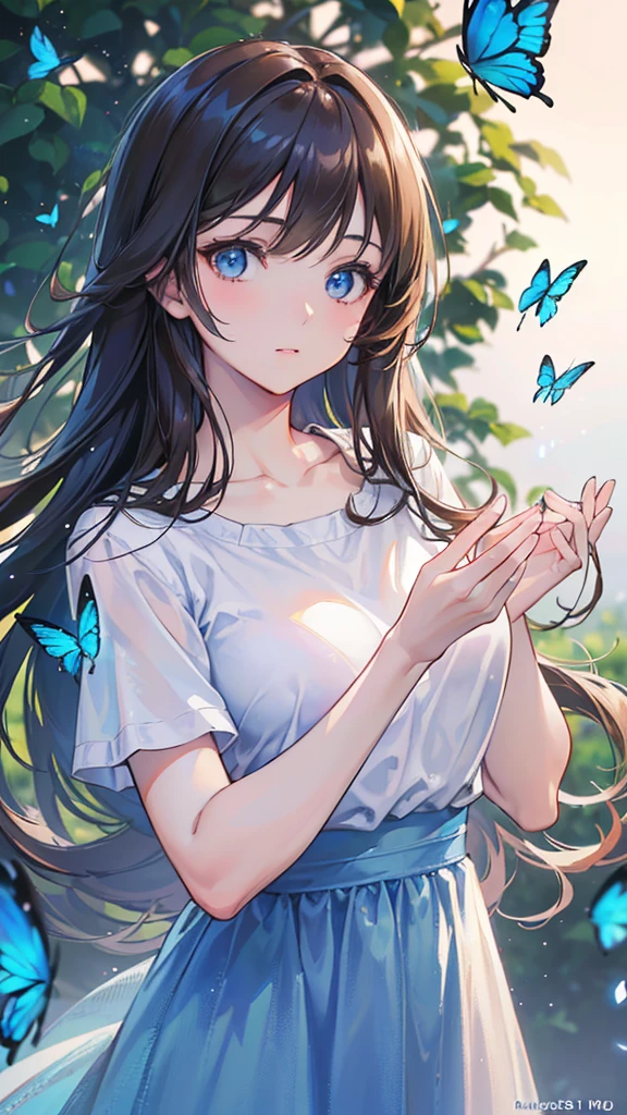 a beautiful woman with long brown hair and bangs, blue eyes, wearing casual clothing, surrounded by blue butterflies flying around, extremely detailed, hyper realistic, 8k, (best quality,4k,8k,highres,masterpiece:1.2),ultra-detailed,(realistic,photorealistic,photo-realistic:1.37),HDR,studio lighting,professional,vivid colors,bokeh,portrait