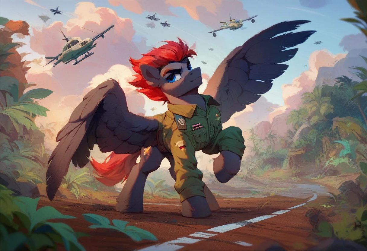 Male alicorn pony, black fur, red hair, blue eyes, army uniform, standing on a dirt airplane runway, dust storm, jungle, army jeeps in background, helicopter coming to land, close-up facial portrait