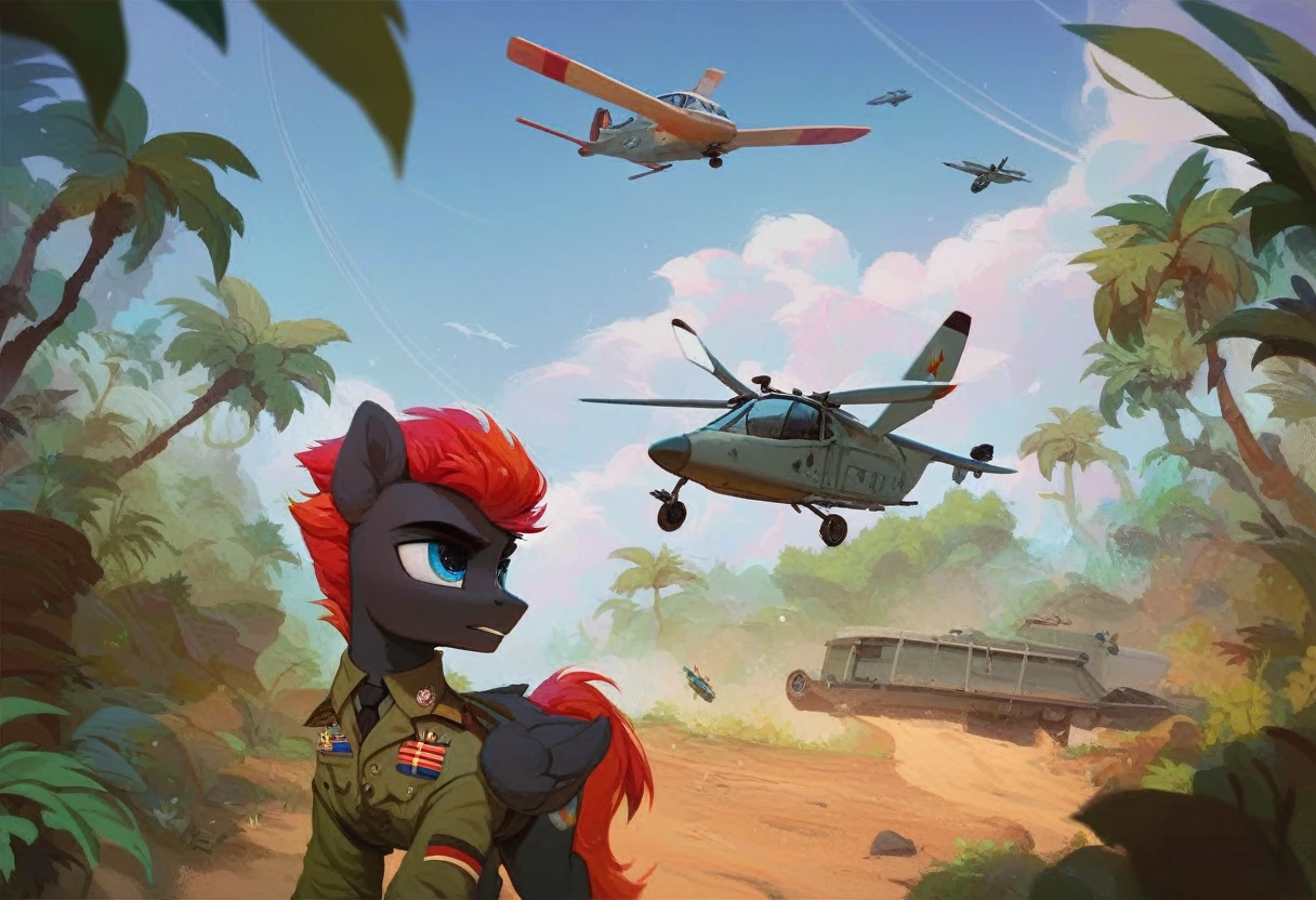 Male alicorn pony, black fur, red hair, blue eyes, army uniform, standing on a dirt airplane runway, dust storm, jungle, army jeeps in background, helicopter coming to land, close-up facial portrait