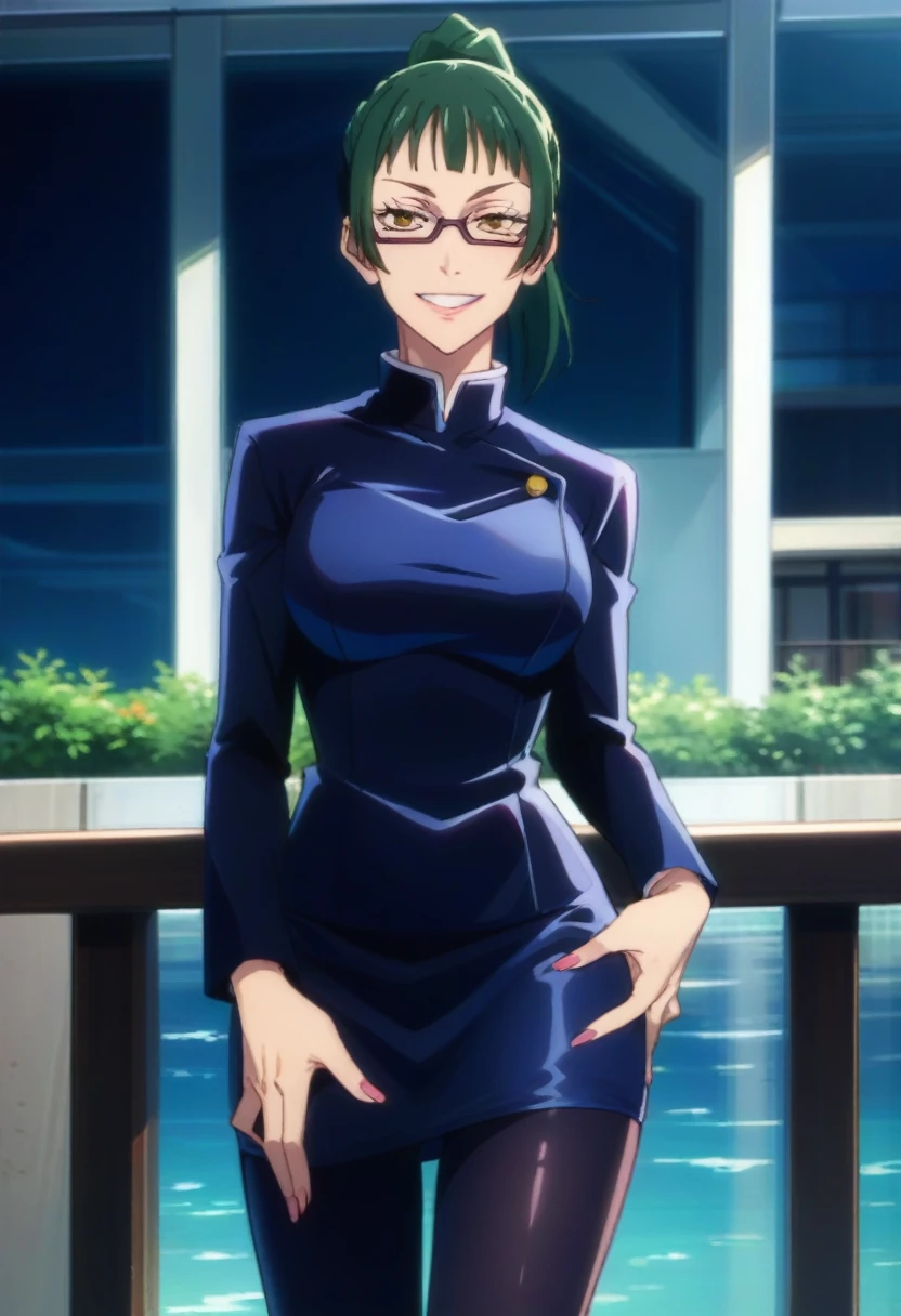 score_9, score_8_up, score_7_up, score_6_up, h1m3n0, 1girl, , mature female,  Maki Zenin , green ponytail bang hair, glasses, yellow eyes, dark blue tight jujutsu uniform with tight skirt and black tights, perfect model body, naughty smile, balcony, standing in seductive pose