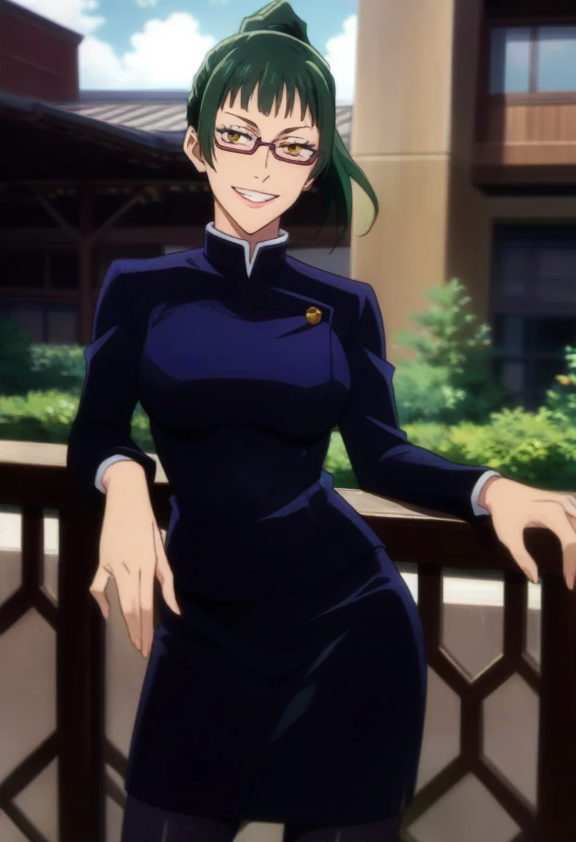 score_9, score_8_up, score_7_up, score_6_up, h1m3n0, 1girl, , mature female,  Maki Zenin , green ponytail bang hair, glasses, yellow eyes, dark blue tight jujutsu uniform with tight skirt and black tights, perfect model body, naughty smile, balcony, standing in seductive pose