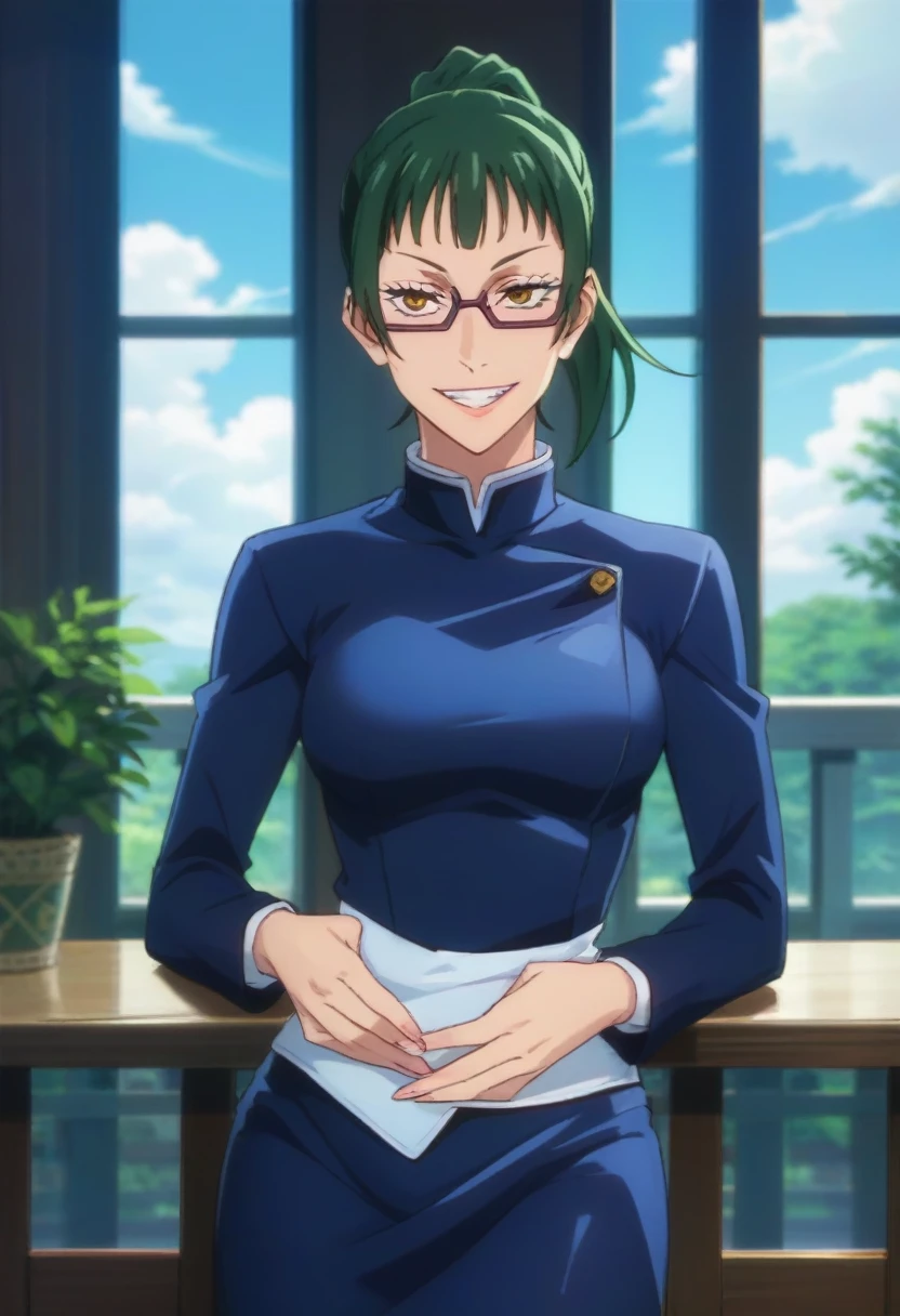 score_9, score_8_up, score_7_up, score_6_up, h1m3n0, 1girl, , mature female, Maki Zenin , green ponytail bang hair, glasses, yellow eyes, dark blue tight jujutsu uniform with tight skirt and black tights, perfect model body, naughty smile, balcony, standing in seductive pose