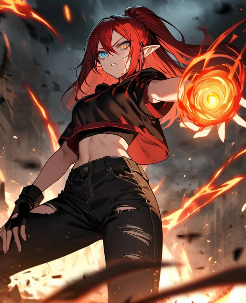 Female,5'4,pierced pointy ears,light skin,one orange eye one blue eyes, red long hair with white tips half up half down,black albow length fingerless gloves,ripped red short sleeve cropped hoodie,black tight shirt,ripped black jeans,darkness in his eyes,dark magic,on a battle field