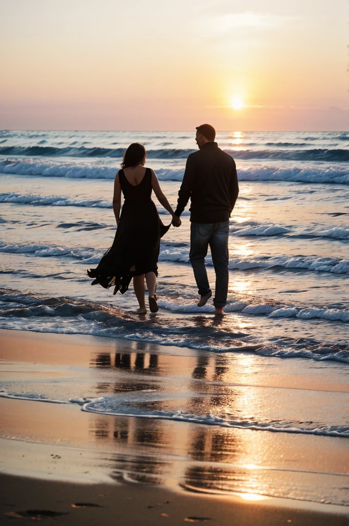 Mother father daughter black dog walking in beach sunset