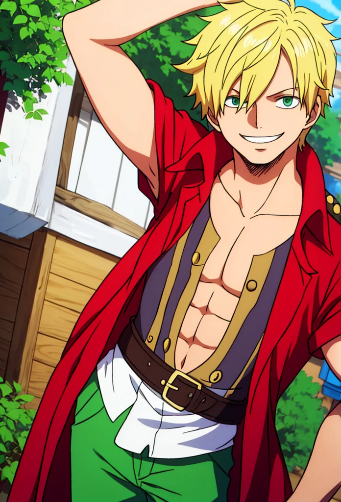 Young Boy Pirate (23 years old), blond short loose hair, green eyes, kind smiling, wearing white chamise pirate, brown pants pirates