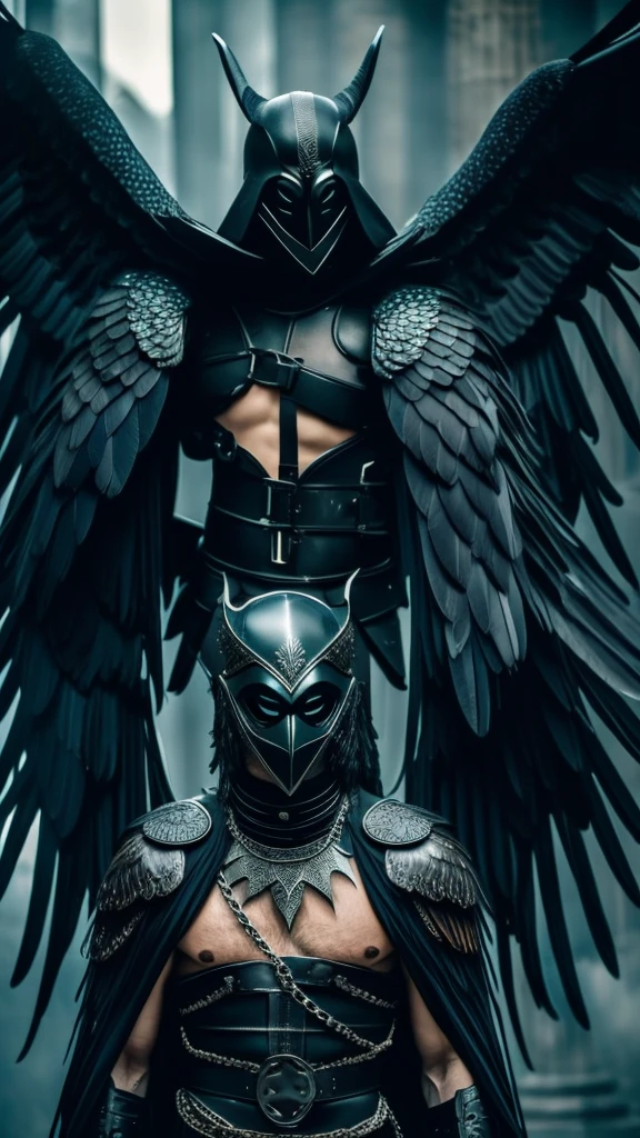 (man) ((eyes))beautiful fallen angel, Masterpiece, Best Quality, perfect lighting, NSFW,  mask that covers the eyes, perfect body, perfect face, Raven wings, vulture wings, huge bird wings, bat wings, shapely arms and legs, huge feathers, burning feathers, A sinister aura, something, chained, Deity, cult clothing, whole body