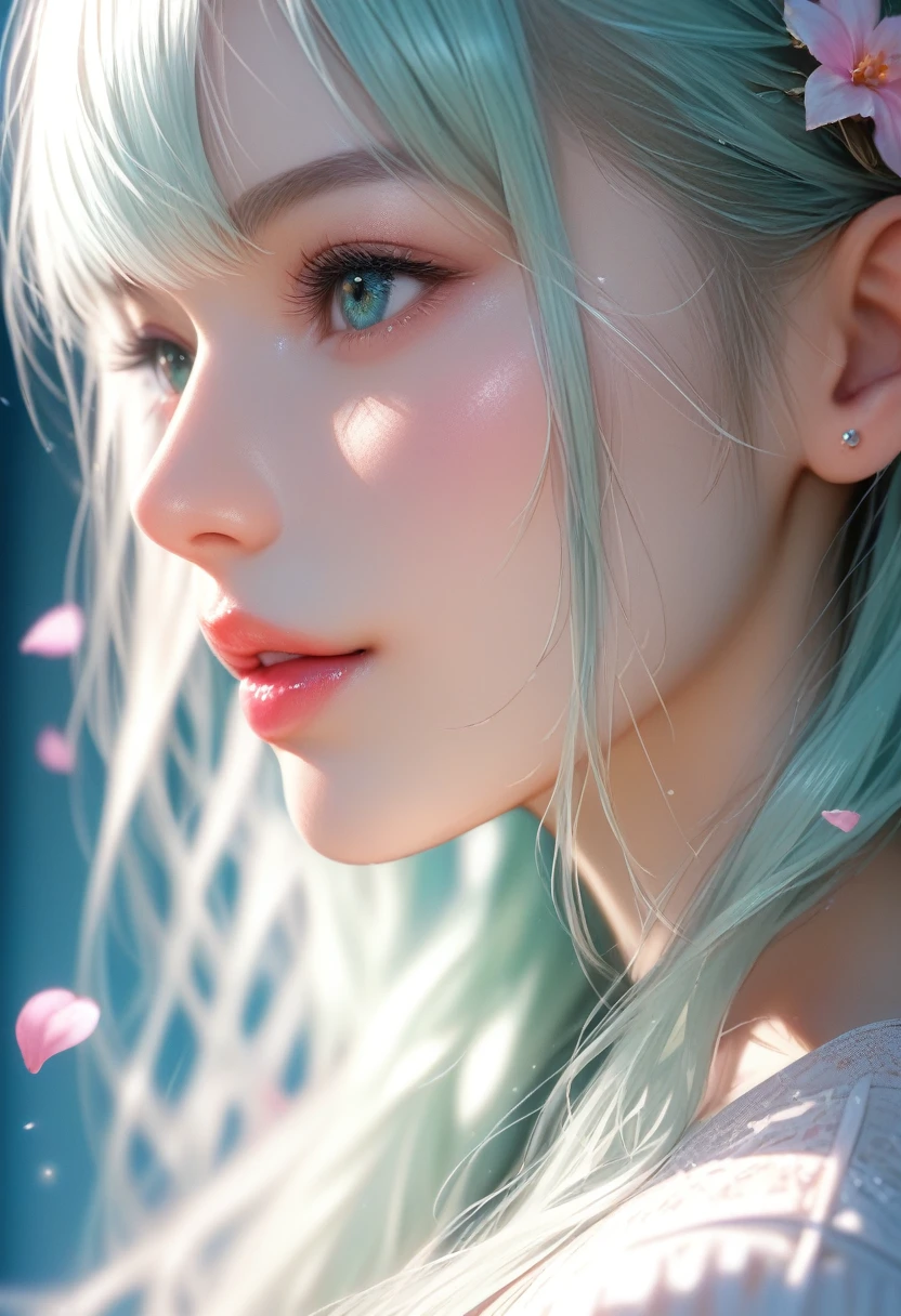 score_9, score_8_up, score_7_up, Girl's profile picture, light green long hair with bangs, light blue petals on cheeks, realistic skin texture, detailed picture, close-up, HD32k
