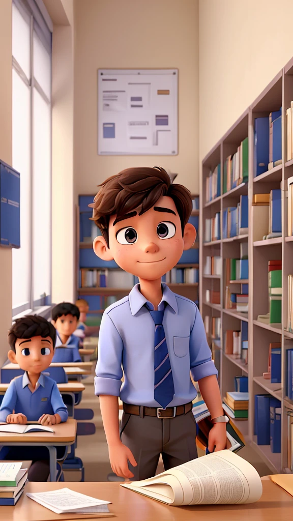 A student boy, in the school library, finds a sheet of paper and takes it in his hand. He is reading the paper and memorizing it. He's concentrated, he's not smiling.