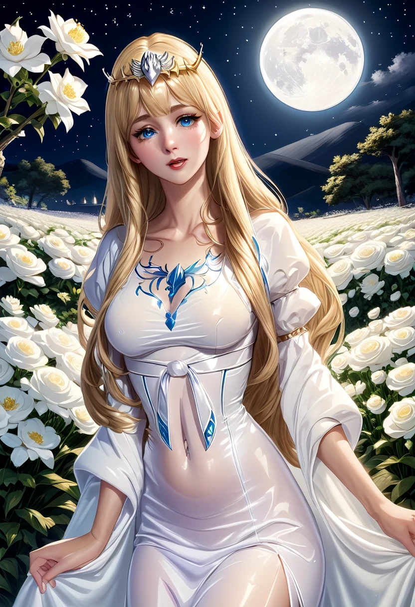 (highest quality,4K,8k,High resolution,masterpiece:1.2),Very detailed,(Realistic,photoRealistic,photo-Realistic:1.37),oil,Beautiful fine details,beautiful lip detail,Long eyelashes Blushing,,Night view, moonlight,Flowers,Shining Eyes,sunlight, ,1girl,solo, calca, blonde hair, ,( extremely long hair:1.3), very long hair, extra long hair, white tiara, white dress, blue eyes,Calca Bessarez, medium breast,Calca