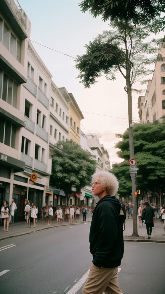 White man with white curly hair, black sweatshirt, caminando por un paso de pedestrians, Crossroads, color film street photography, man walking through the city, people in the streets, people in the streets, Busy streets, People walking down a street, streets full of people, pedestrians, people walking around, Naoya Tanaka, Street photography style, People out of focus, fujicolor sample