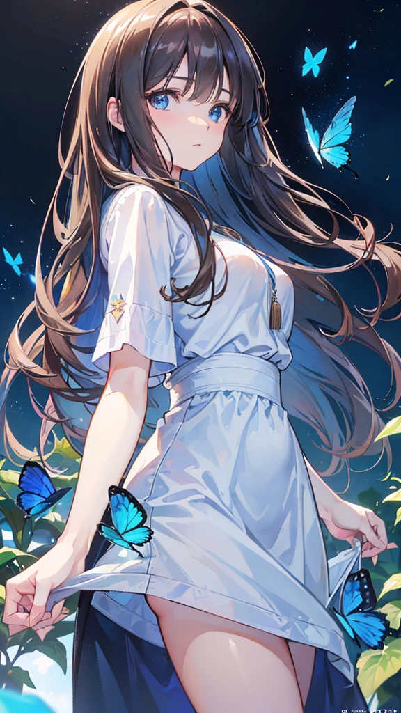 a beautiful woman with long brown hair and bangs, blue eyes, wearing casual clothing, surrounded by blue butterflies flying around, extremely detailed, hyper realistic, 8k, (best quality,4k,8k,highres,masterpiece:1.2),ultra-detailed,(realistic,photorealistic,photo-realistic:1.37),HDR,studio lighting,professional,vivid colors,bokeh,portrait
