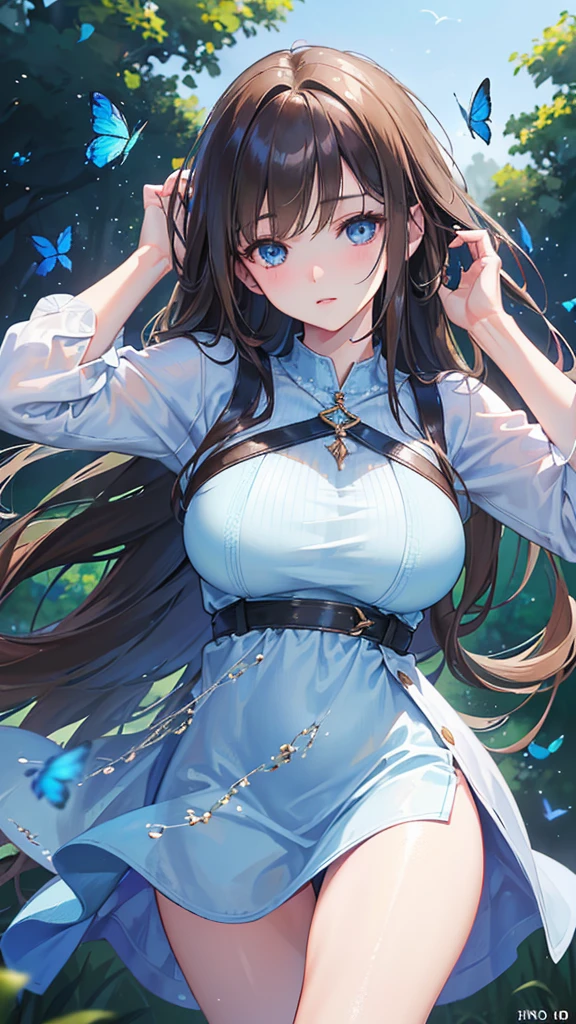a beautiful woman with long brown hair and bangs, blue eyes, wearing casual clothing, surrounded by blue erflies flying around, extremely detailed, hyper realistic, 8k, (best quality,4k,8k,highres,masterpiece:1.2),ultra-detailed,(realistic,photorealistic,photo-realistic:1.37),HDR,studio lighting,professional,vivid colors,bokeh,portrait