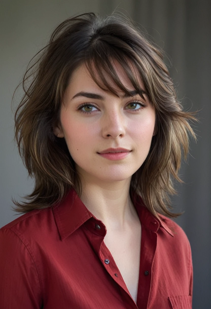 A portrait of a young woman with windswept, medium-length brown hair with natural highlights. Her eyes should appear piercing and direct, engaging the viewer, while her lips are slightly parted in an approachable expression. She wears a red, collared shirt that is unbuttoned at the top, portraying a sense of casual elegance. The overall mood is relaxed and natural, with a neutral gray background to contrast the rich red of her shirt and highlight her fair complexion."