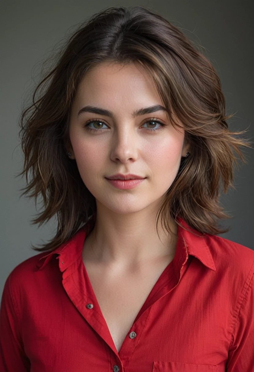 A portrait of a young woman with windswept, medium-length brown hair with natural highlights. Her eyes should appear piercing and direct, engaging the viewer, while her lips are slightly parted in an approachable expression. She wears a red, collared shirt that is unbuttoned at the top, portraying a sense of casual elegance. The overall mood is relaxed and natural, with a neutral gray background to contrast the rich red of her shirt and highlight her fair complexion."