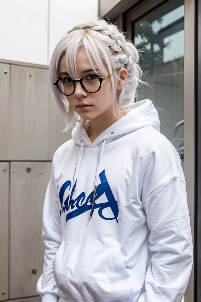 Cool anime white glasses and hair white and wear sweater Hoodie and used katana