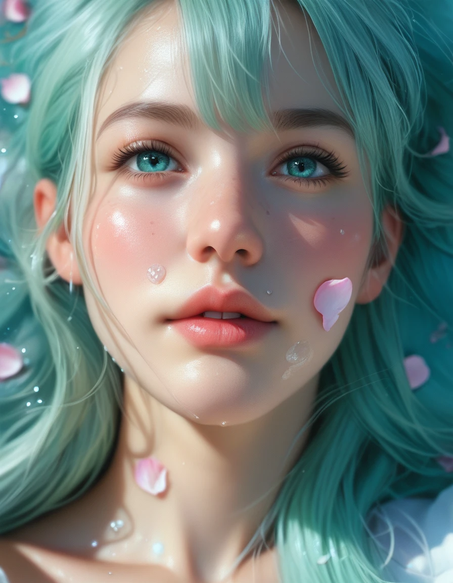 score_9, score_8_above, score_7_above, 1girl, realistic, Girl's profile picture, light green long hair with bangs, light blue petals on cheeks, realistic skin texture, detailed picture, close-up, HD32k