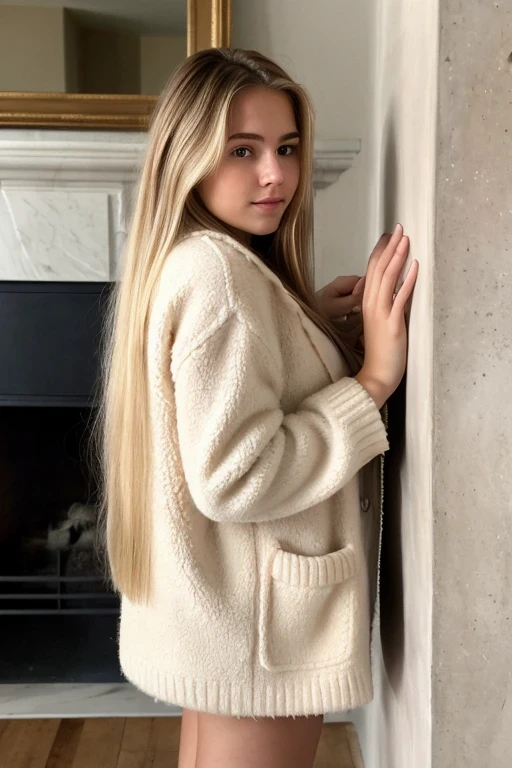 A 18-year-old blonde woman, ((hiperrealismo))textured skin,goosebumps, perfect eyes. Blonde hair with light brown roots. cabello rubio, Hair with brown roots, extra long hair, really long hair. photo taken with iPhone, cleavage, Porta 160 color. Having coffee next to the fireplace, wearing fluffy jacket, back view, butt view