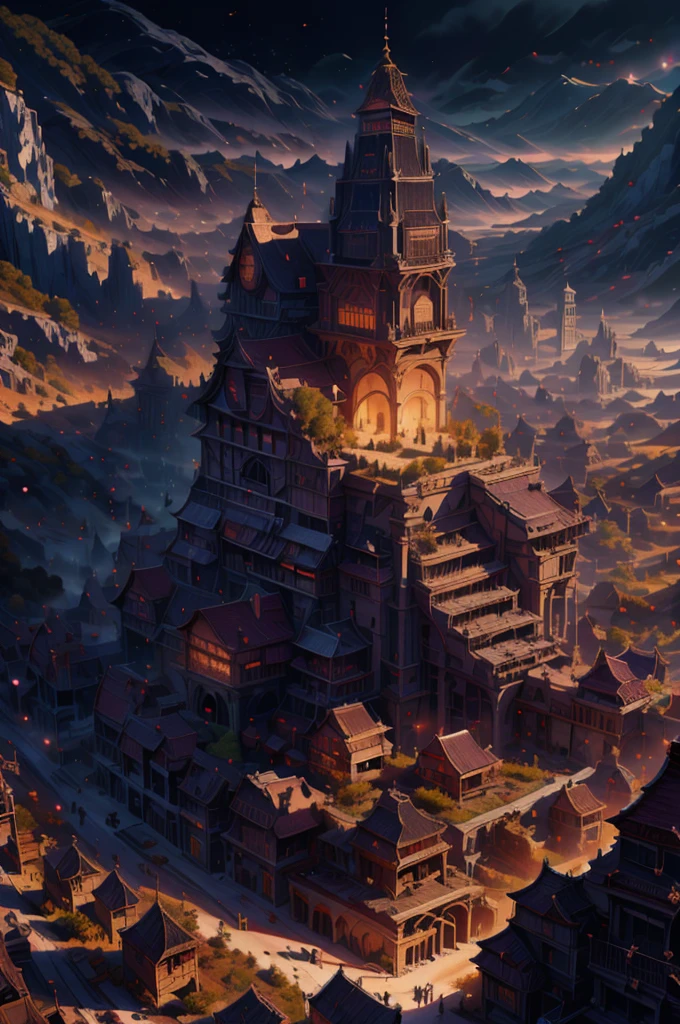 a feudal urban flat landscape, samurai city, view from above, stunning red accents and accents, cinematic dramatic lighting, highly detailed, 8k, intricate architecture,
