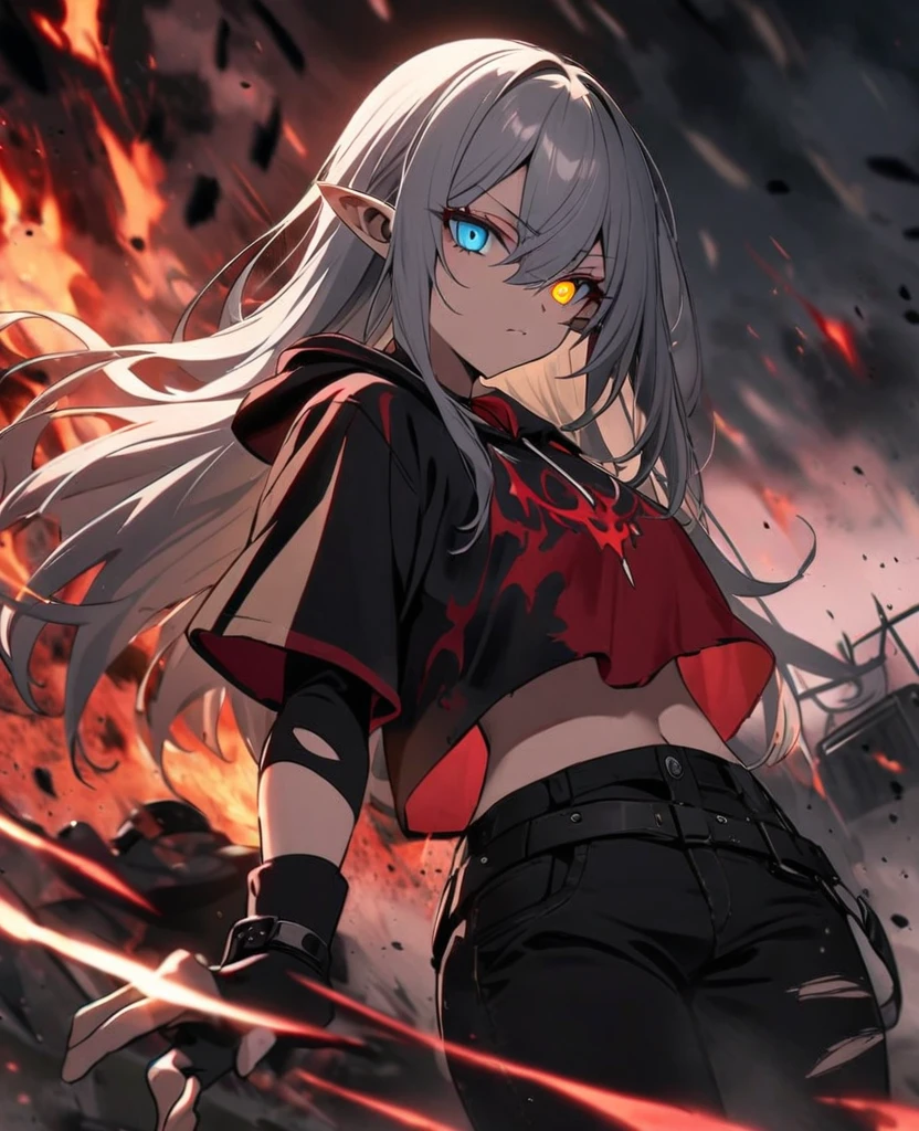 Female,5'4,pierced pointy ears,light skin,one orange eye one blue eyes , half red half white long hair with up half down,black albow length fingerless gloves,ripped red short sleeve cropped hoodie,black tight shirt,ripped black jeans,darkness in his eyes,dark magic,on a battle field