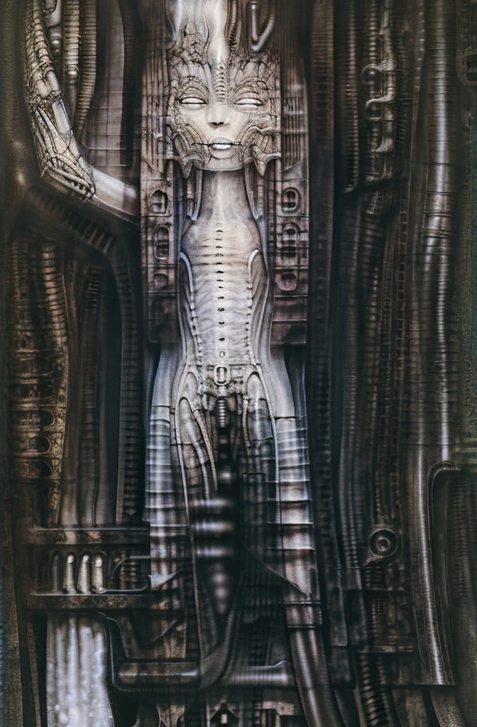 g1g3r, 0f1g, Giger_style, Giger_style, The image is a detailed view of H.R. Giger's \" Necromancer V\" plate,
The tableau depicts a close-up of a group of ivory objects resembling skulls and skeletons, some of which have signs of decay.
The painting is a nightmarish biomechanical scene. In the center of the composition is a chessboard with several chess pieces scattered around it. The background is filled with biomechanical pipes and tubes. The overall feel is one of decay and desolation.
Giger’s signature artistic style, biomechanical surrealism, is on full display in this piece. Biomechanical surrealism combines human anatomy with machines. The skeletal figures in the painting are fused with mechanical parts, creating a disturbing and unsettling effect.
Here’s a more detailed description of the composition:
In the center foreground is a metallic chessboard with several metallic chess pieces scattered around it.
To the right of the chessboard is a skeletal figure hunched over tribune.
The art performance showcases the artist’s skills in observation and rendering. The level of detail in the piece suggests a close study of real bone specimens and anatomy. The artist has skillfully used shading techniques to create a convincing illusion of three-dimensionality on a flat surface.The wrinkles and cracks in the surface, and the cast shadows with accuracy, used shading techniques to create a realistic depiction of light and shadow on the objects. This creates a sense of depth and dimension in the image
The style is clearly biomechanical. Features combination of organic and mechanical forms. Mechanical elements dominate the composition, there are subtle organic hints. The use of undersaturated purple-grays dark contrasts creates a stark and graphic look. Is used a variety of linework techniques to create different textures. Fine, parallel lines create a smooth, metallic texture,while thicker, more cursive lines suggest cables or wires. Machine fills mo