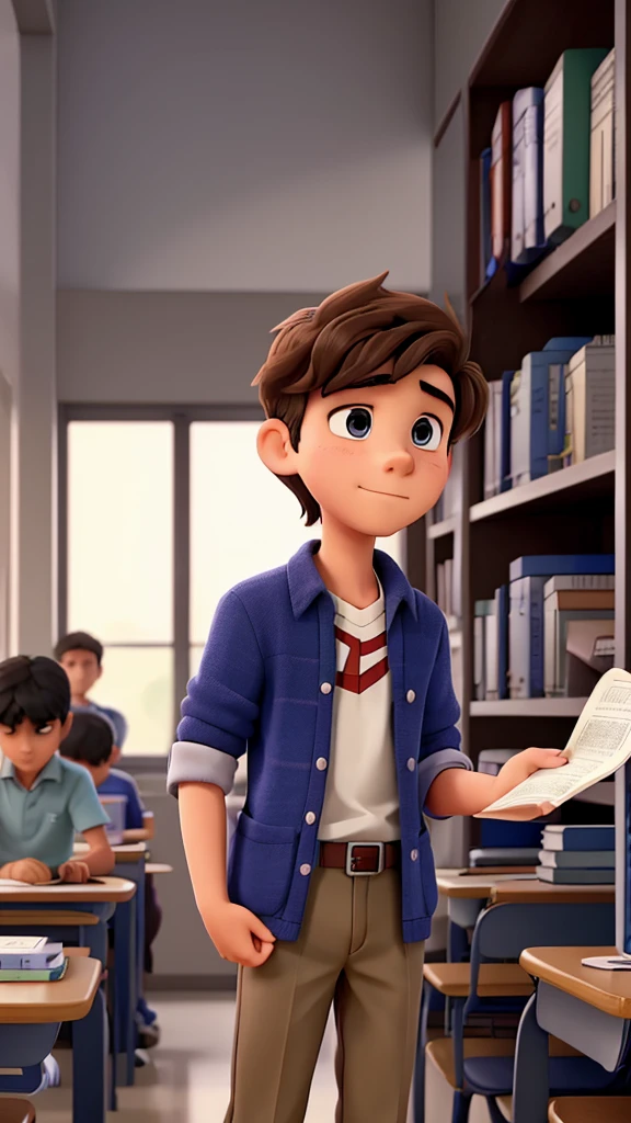 A student boy, in high school student clothes, in the school library, finds a sheet of paper and takes it in his hand. He is reading the paper and memorizing it. He's concentrated, he's not smiling.