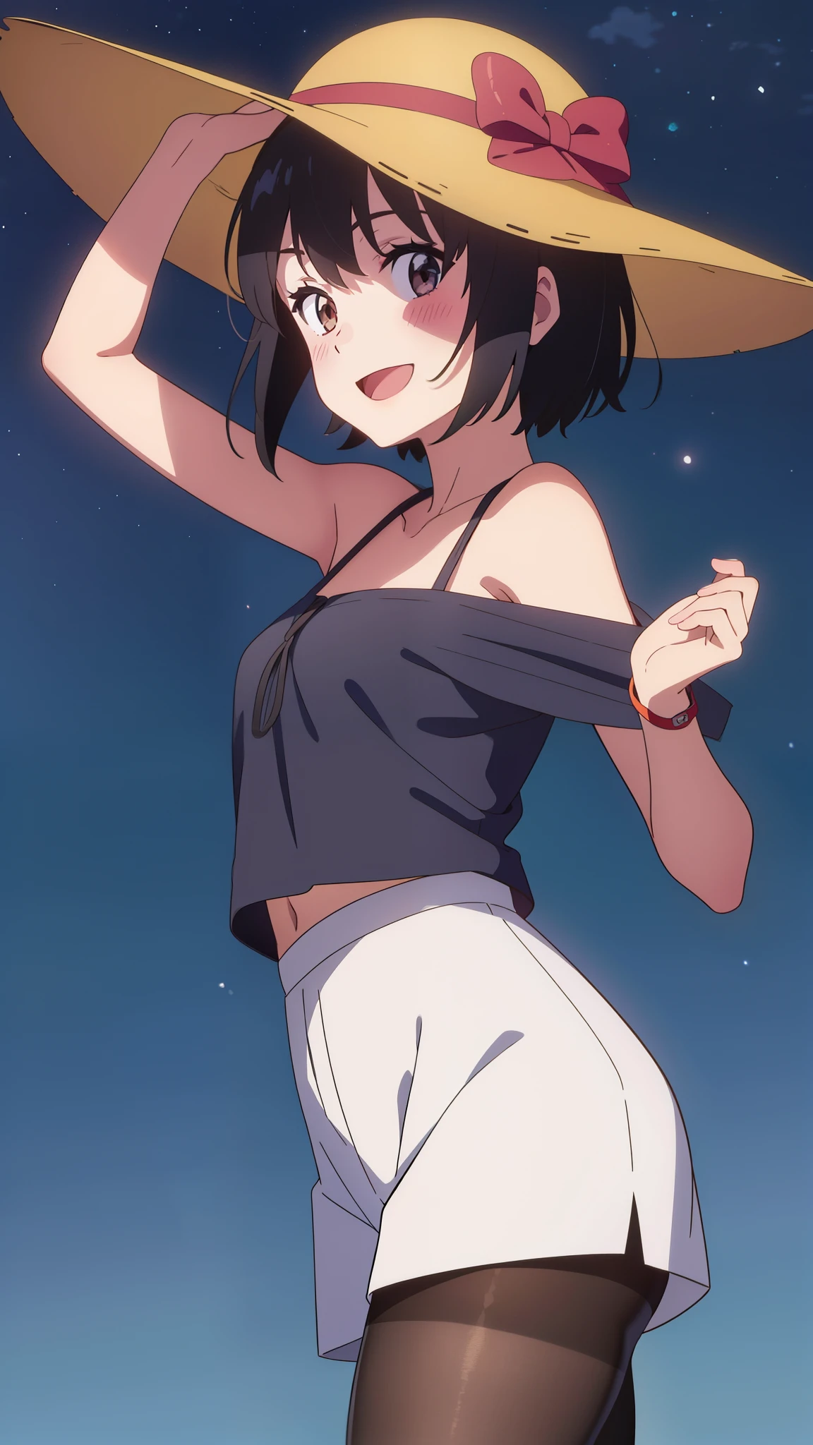 shinkai makoto, kimi no na wa., 1girl, bangs, black hair, blush, brown eyes, perfect face, looking at the viewer, bonnie hat, black suspenders, white t-shirt, bare shoulders, garterbelt, sight, blue shorts, belt, short hair, solo, shinny skin, smile, cute, grin, black thighhighs, night sky background, sweat, (masterpiece), best quality