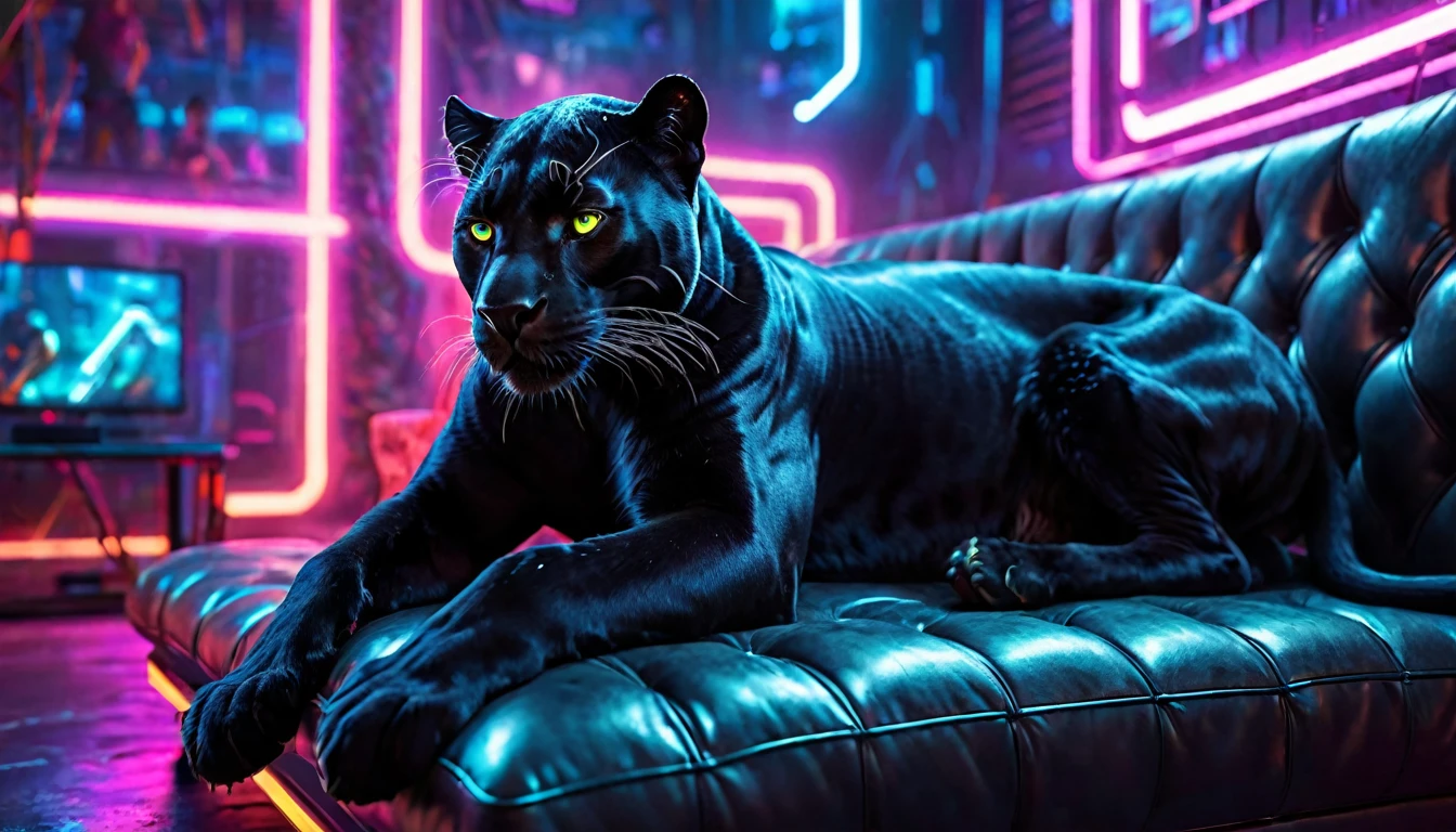 a black panther resting on a sofa in a neon cyberpunk environment, detailed fur, glowing eyes, dramatic lighting, intricate futuristic background, intricate details, hyper realistic, cinematic, 8k, high quality, masterpiece