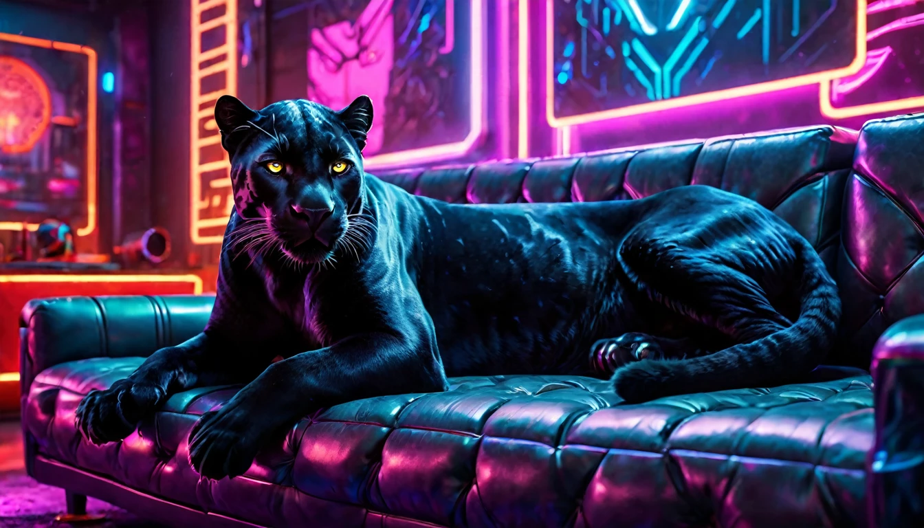 a black panther resting on a sofa in a neon cyberpunk environment, detailed fur, glowing eyes, dramatic lighting, intricate futuristic background, intricate details, hyper realistic, cinematic, 8k, high quality, masterpiece