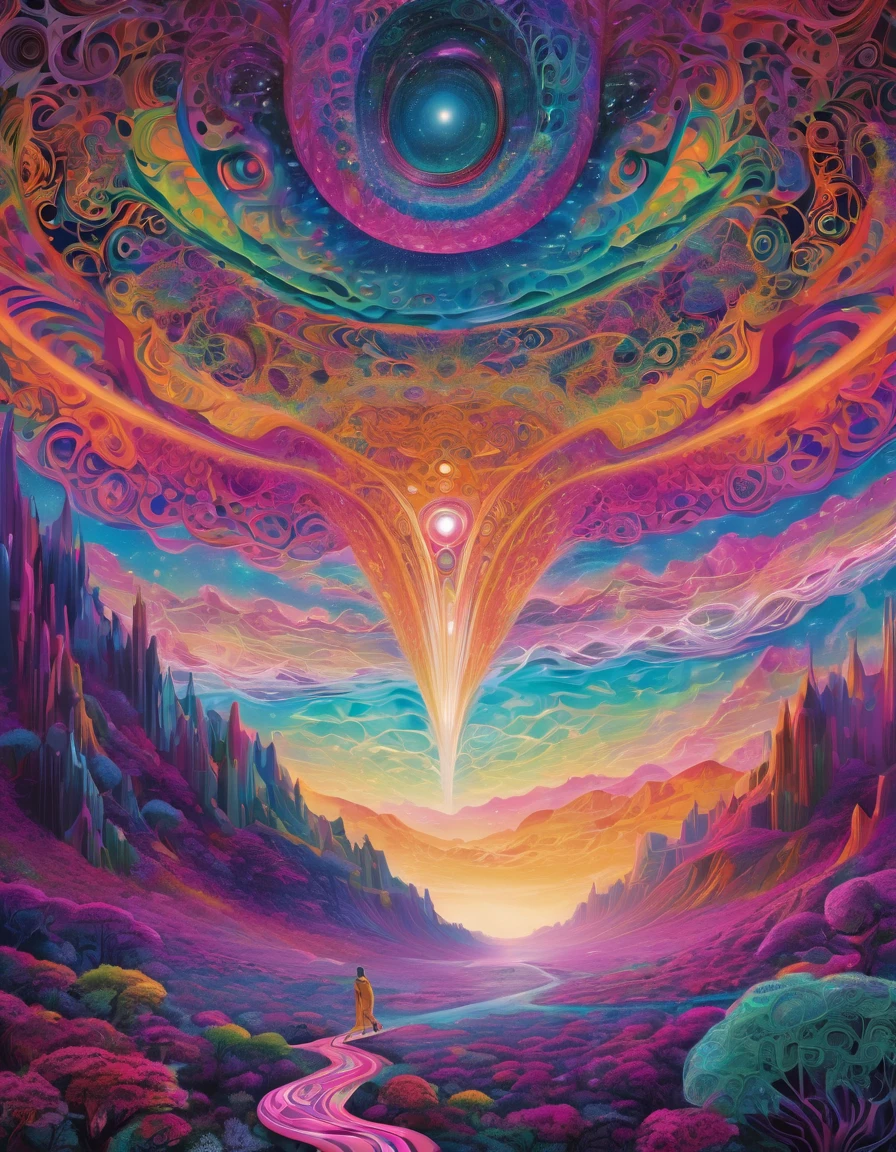 Amidst a monochromatic dreamscape, a humanoid figure with ALIEN features emerges. Their skin seamlessly blends into the intricate sacred geometric patterns of the landscape, creating an otherworldly unstable fusion. Beside them stands an dmt entity companion, its skin adorned with complex colourful spots and flourescent wavy stripes. The entire scene is set against a backdrop of mesmerizing spirals mandalas and tessellated shapes, evoking a sense of infinite vortex depth.