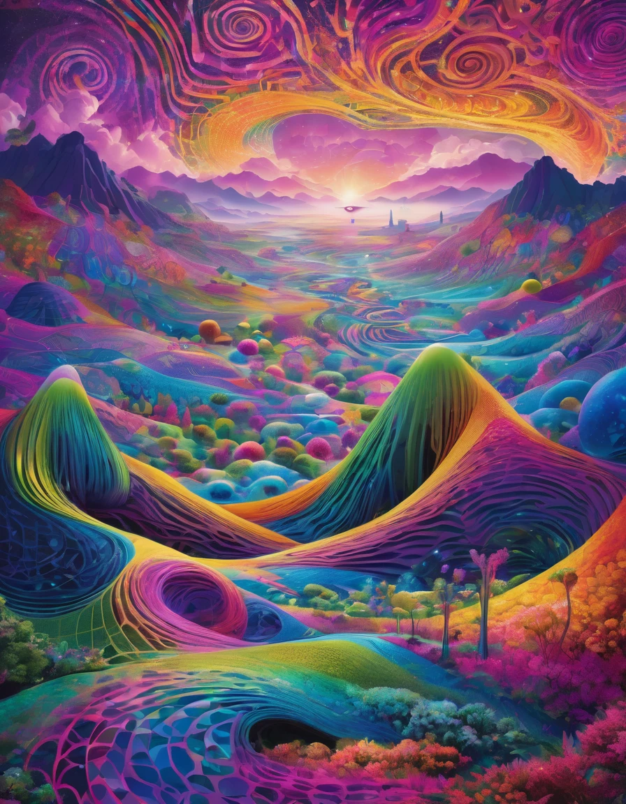 Amidst a monochromatic dreamscape, a humanoid figure with ALIEN features emerges. Their skin seamlessly blends into the intricate  sacred geometric patterns of the landscape, creating an otherworldly unstable  fusion. Beside them stands an dmt entity companion, its skin adorned with complex colourful spots and flourescent wavy stripes. The entire scene is set against a backdrop of mesmerizing spirals mandalas and tessellated shapes, evoking a sense of infinite vortex  depth.