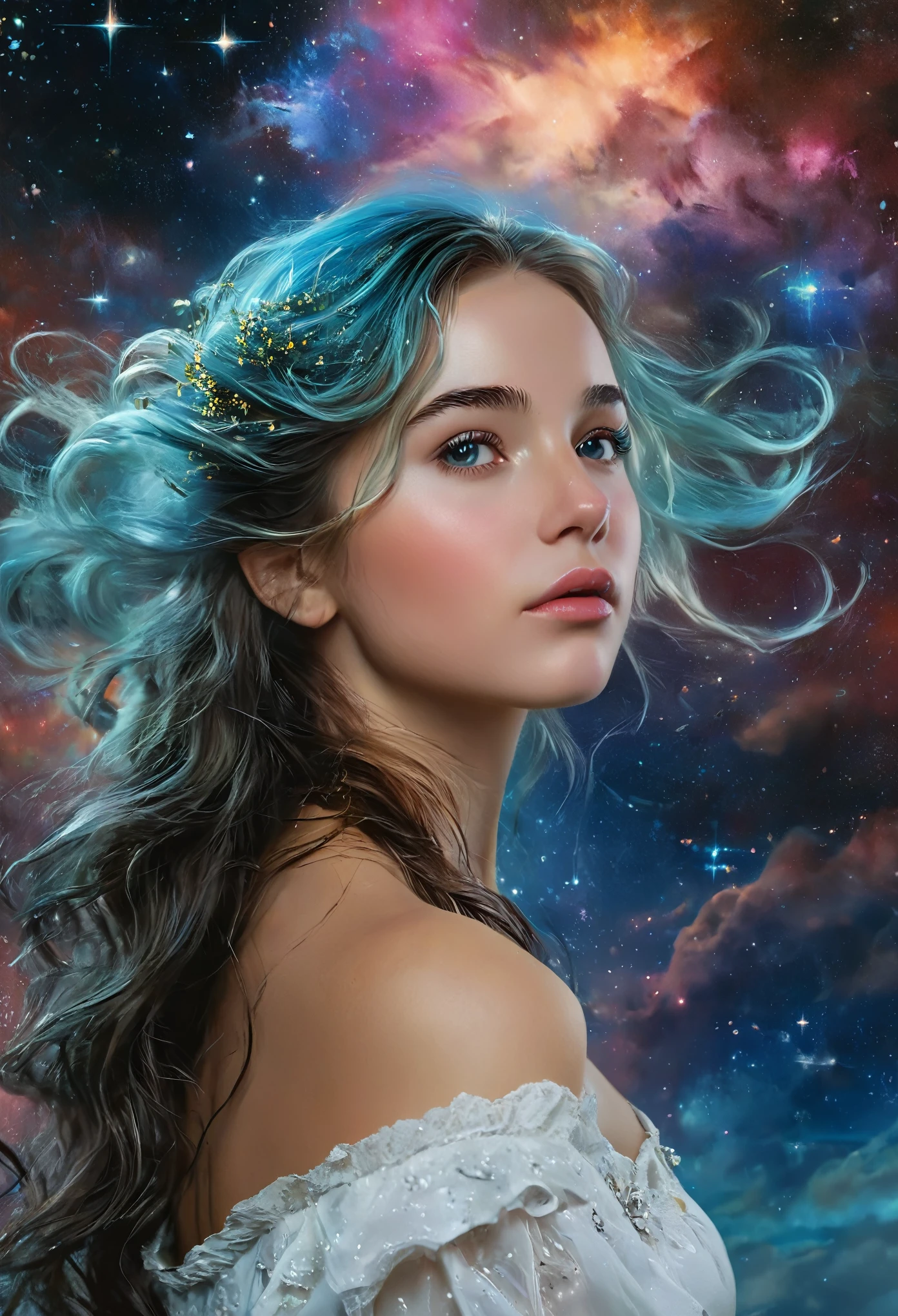 nebulous art of an (ethereal:1.2) cosmic goddess dissolving into nebulous clouds, colorful, nebulous texture, nebulous clouds, beautiful female face consisting entirely of clouds, looking at viewer, space,