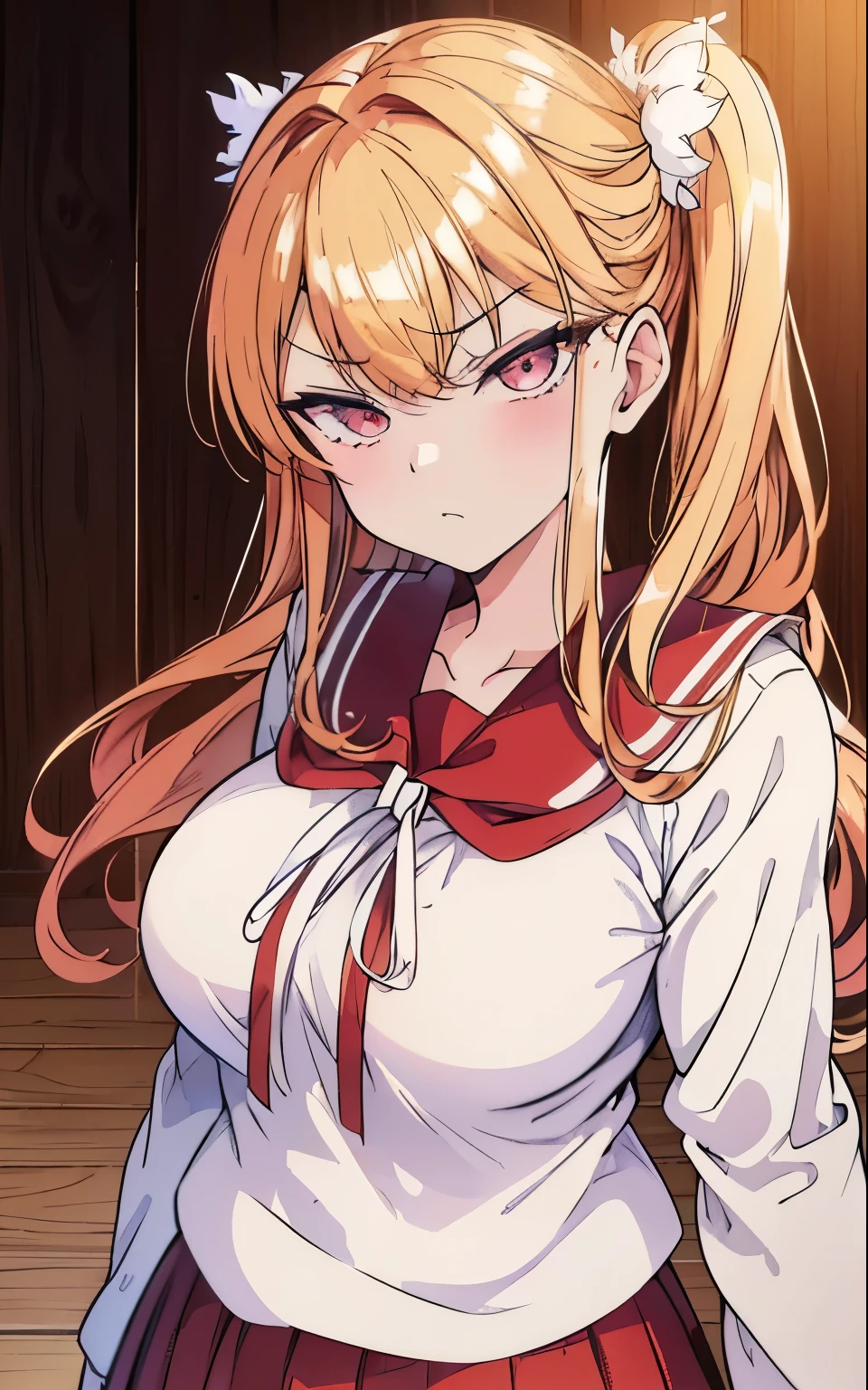 1 22-year-old girl, blonde Hair, Long double ponytail, brown shirt, Fluffy collar, White fluffy skirt, White ribbon on hair, Lots of hair accessories, fur poncho,sailor uniform，( large breasts:1.4), (stare at viewer with stern eyes:1.2),angry,bukkake,