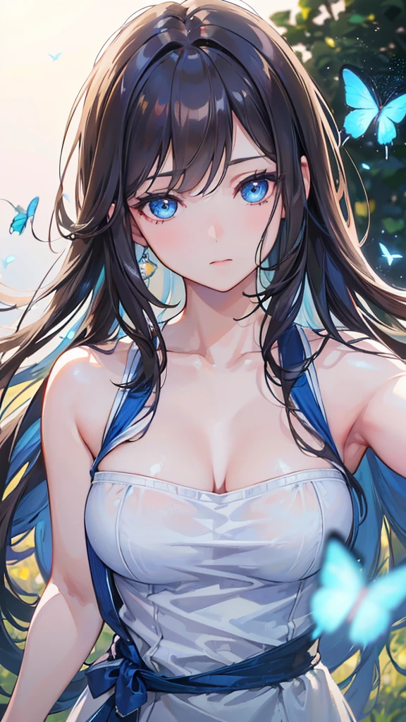 a beautiful woman with long brown hair and bangs, blue eyes, wearing casual clothing, surrounded by blue butterflies flying around, extremely detailed, hyper realistic, 8k, (best quality,4k,8k,highres,masterpiece:1.2),ultra-detailed,(realistic,photorealistic,photo-realistic:1.37),HDR,studio lighting,professional,vivid colors,bokeh,portrait