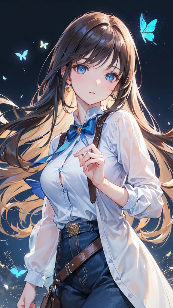 Close-up of a beautiful girl in a , a short skirt and a blazer, walking to school, blue sky with white clouds, brown hair, bangs, swept bangs, french braid, long hair, ponytail, wavy hair, expressive hair, shiny hair, hair ribbon, hair flower, dilated pupils, aqua eyes, glowing eyes, pupils sparkling, long eyelashes, earrings, light smile, glossy lips, blush, big rounds , white puffy mkirt, blue blazer, white thigh-high stockings, walking, upskirt, skt, panties, looking dviewer, high detail, anime, glowing light, dithering, image fill, from below, panorama, perspective, Wide-Angle, f/2.8, pov, 85mm, Sony FE, 8k, super detail, UHD, retina, masterpiece, illustration, accurate, anatomically correct, textured skin, highres, best quality, game cg, 16k