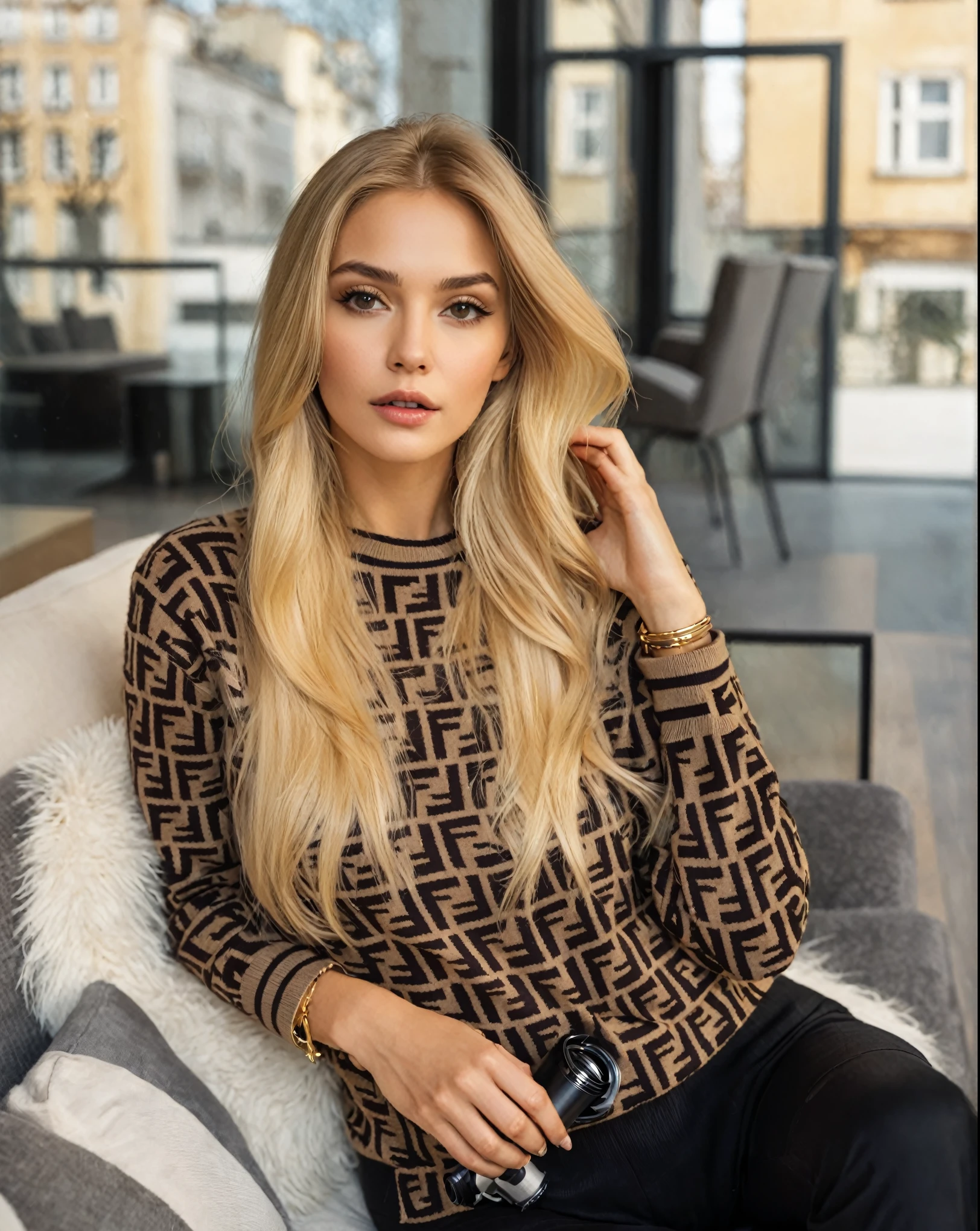 Woman sitting on a sofa in a room with a window, Brown sweater, with long blonde hair, rubio, by Anna Haifisch, Women, best seller, by Arthur Sarkissian, Beautiful image, by Emma Andijewska, by Niko Henrichon, wearing a designer top, patterned clothing, inspired by Anna Boch, Impressive image