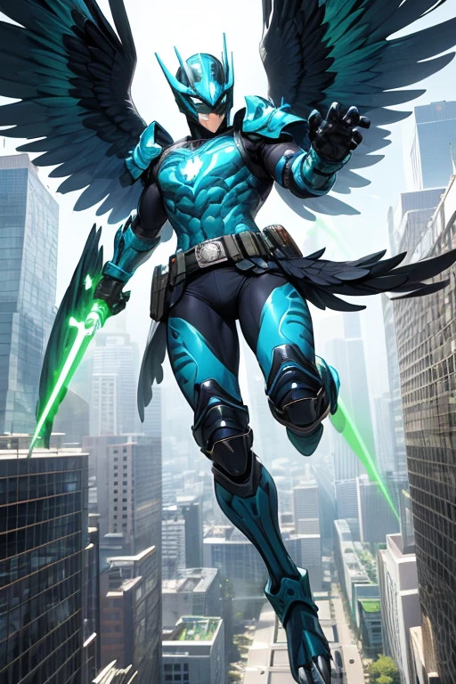((best quality)), ((masterpiece)), (detailed), 1 man, full body, 25 years old, masked, blue mask, blue head, uncovered mouth, biker helmet, blue helmet, parrot helmet, black neck, tall, thin, black beak, black details, a green parrot with a blue head on his side, metallic wings, wings on his arms, blue fingerless gloves, blue wristbands, luminous blue wings shooting lasers, blue suit resembling light armor, blue suit with an emblem, entirely green chest, emblem on his chest, green pants, deployable bird tail, metallic feathers, gray knee pads, metallic gray boots, metallic bird claws, black superhero belt, flying through the city, midday city background, anime