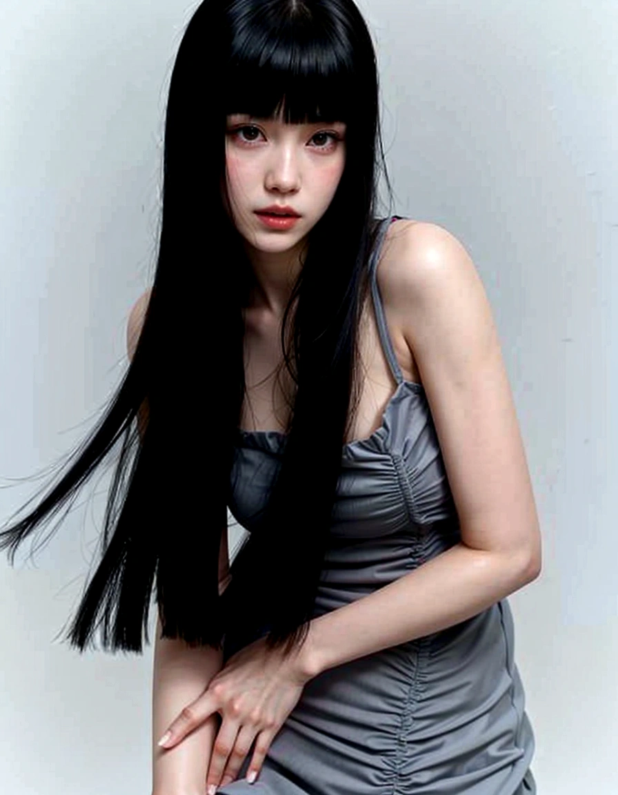 A woman with long black hair and a gray dress posing for a photo., sui ishida with black hair, long thin black hair, black hime cropped fur, long black hair with bangs, jingna zhang, long hair with full bangs, gongbi, Asian girl with long hair, she has black hair with bangs, seson yoon, the hime cut