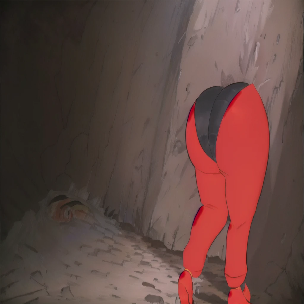 cartoon of a woman in a red outfit bending over in a cave, red ogre riding a horse, from akira ( 1 9 8 8 ) style, still from akira (1988), tetsuo from akira, jin - roh, (akira 1988) highly detailed 8k, jean giraud 8 k, production animation cel