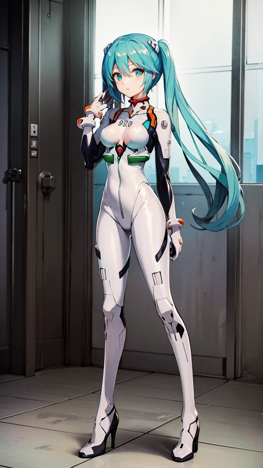 ((初音ミクはPlug Suitを着ている))、Big Breasts、Latex bodysuit、Plug Suit((Neon Genesis EVANGELION))、Plug Suitの色は白と水色、High heels、The background is ruins、high resolution、2010s anime style、8K CG