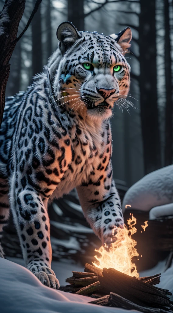 (best quality,16k,32k,highres,masterpiece:1.2),ultra-detailed,(realistic,photorealistic,photo-realistic:1.37),(The ultimate Orochi snow Leopard) glowing green eyes realistic fire background of totally destroyed Forest alone looking at the camera serious expression. Full body