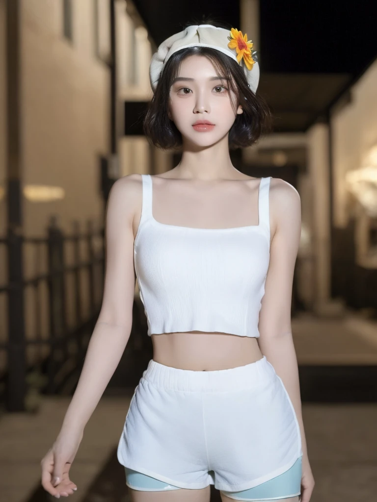 ((Highest quality, 8K, masterpiece: 1.3)), (Flower Cap: 1.3), concentrated: 1.2, Perfect Body Beauty: 1.4, Hips: 1.2, (Layered Haircut: 1.2)), (Dark Street: 1.3), Highly detailed face and skin texture, whole body, Delicate eyes, double eyelid, White skin, Long Hair, (Round face: 1.5), (loose crop top, Shorts: 1.6)