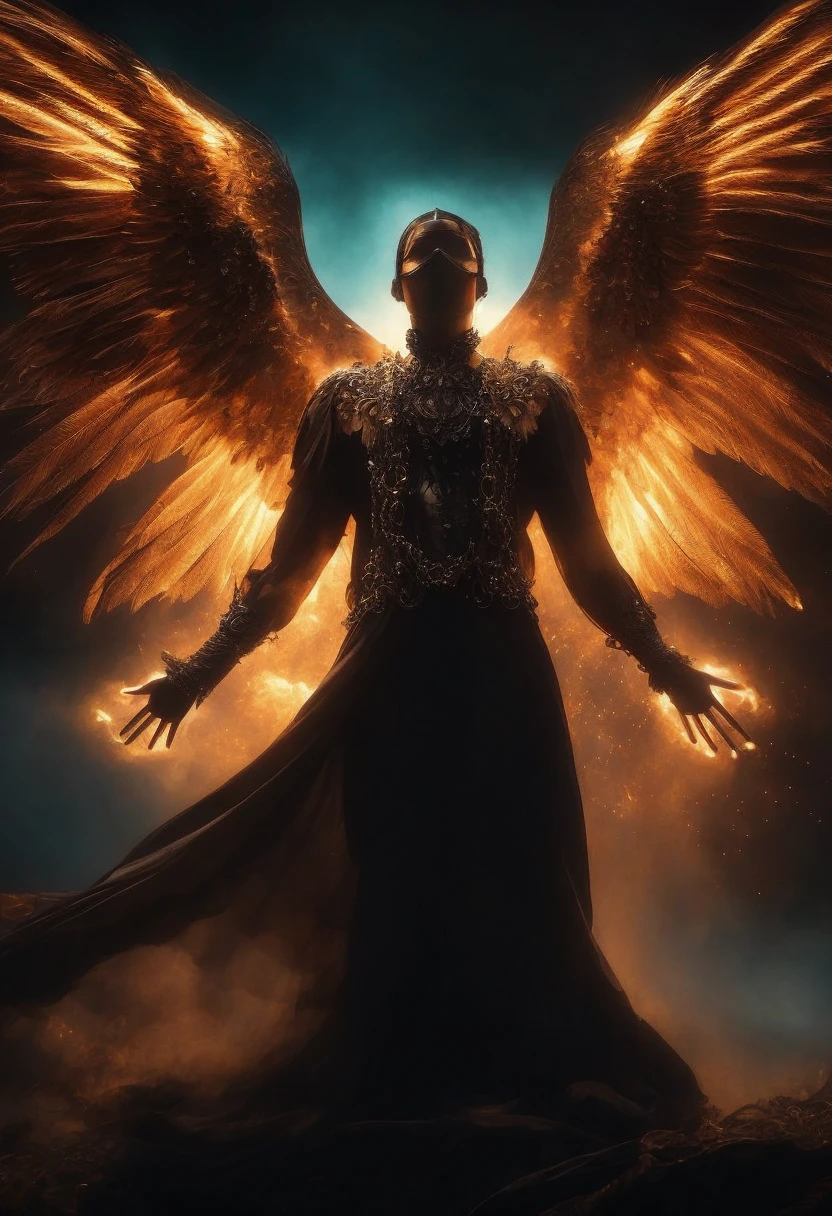 beautiful fallen angel, Masterpiece, Best Quality, perfect lighting, NSFW,  mask that covers the eyes, perfect body, perfect face, Raven wings, vulture wings, huge bird wings, bat wings, shapely arms and legs, huge feathers, burning feathers, A sinister aura, something, chained, Deity, cult clothing, whole body