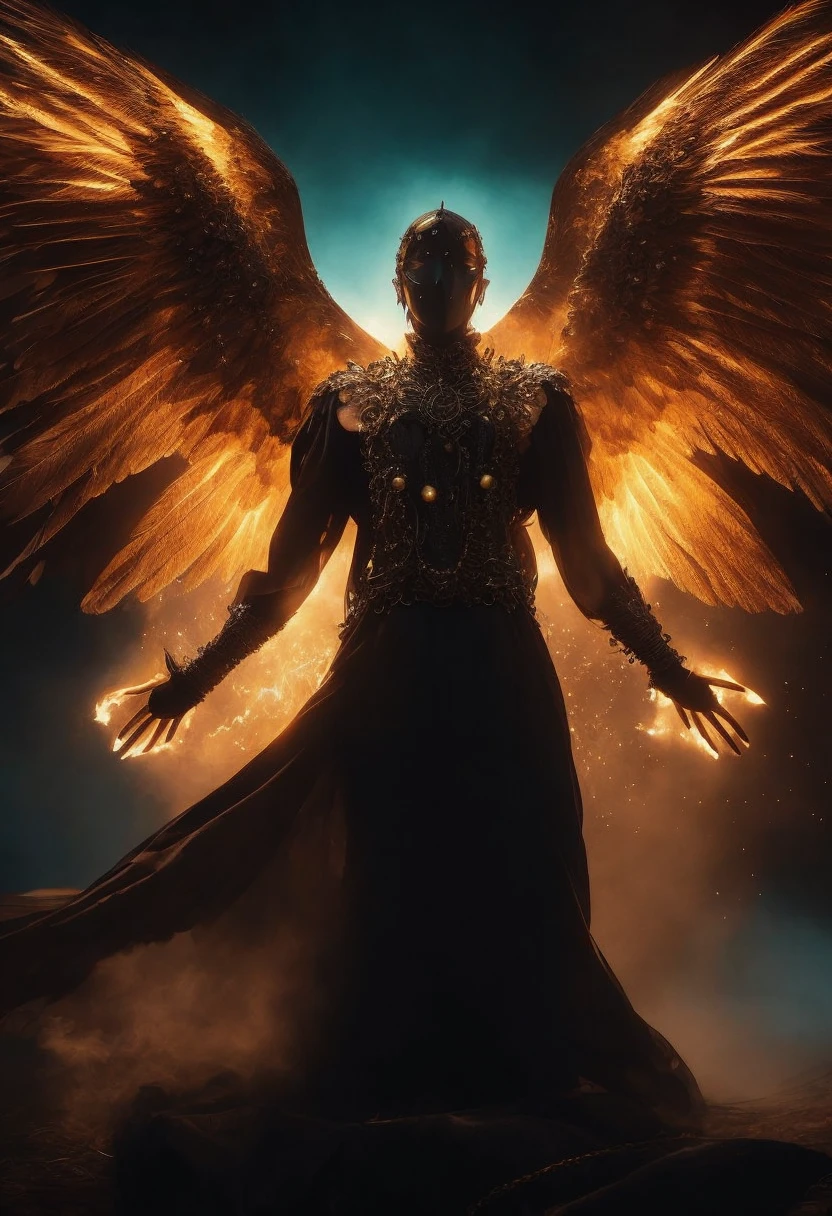 beautiful fallen angel, Masterpiece, Best Quality, perfect lighting, NSFW,  mask that covers the eyes, perfect body, perfect face, Raven wings, vulture wings, huge bird wings, bat wings, shapely arms and legs, huge feathers, burning feathers, A sinister aura, something, chained, Deity, cult clothing, whole body