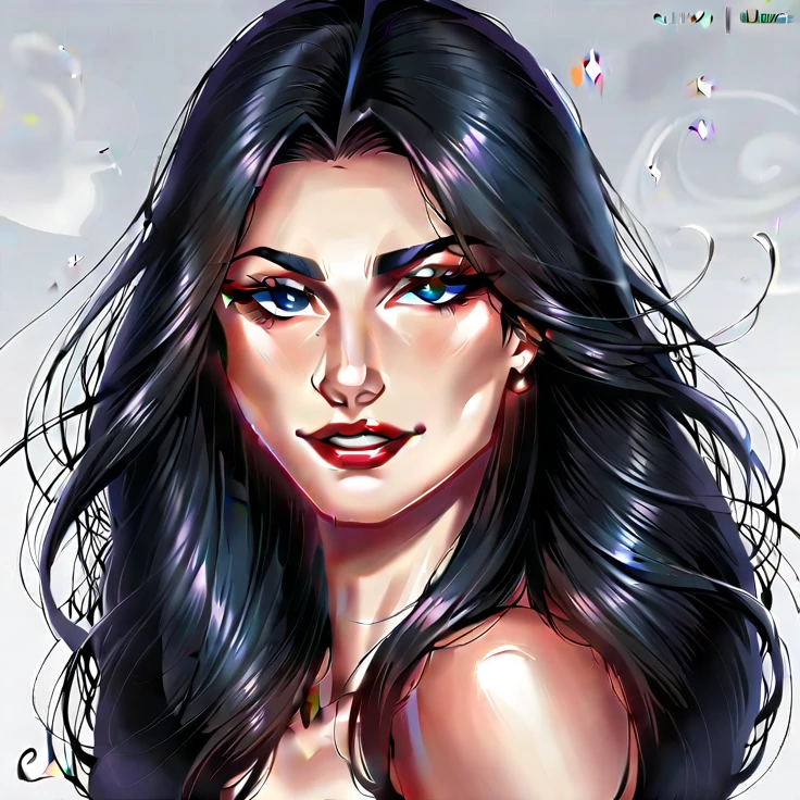 A beautiful woman, White skin, WITH STRONG ELECTRIC BLUE EYES, BEAUTIFUL AND FULL EYEBROWS, FLESH AND RED LIPS, CURLY AND BUFFY EYELASHES, JET BLACK WAVY HAIR, SMILING WITH WHITE AND BEAUTIFUL TEETH 