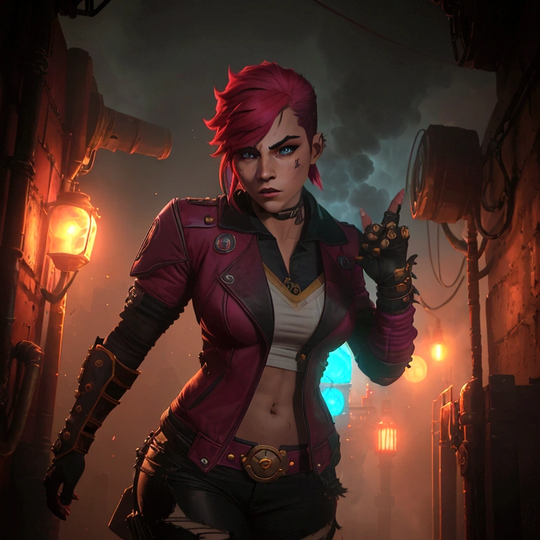 A dynamic pose of Vi from Arcane: League of Legends, with detailed face, wearing her signature blue and yellow jacket, with her gauntlets raised, and a determined expression on her face. She has short pink hair, blue eyes, and a Roman numeral VI tattoo on her cheek. Her attire is punk-inspired, featuring a leather jacket, and she has large mechanical gauntlets. Her physique is athletic and muscular. The background is a dark, gritty alleyway in Zaun, with flickering neon lights and smoke in the air. The scene is lit by a single spotlight, illuminating Vi.